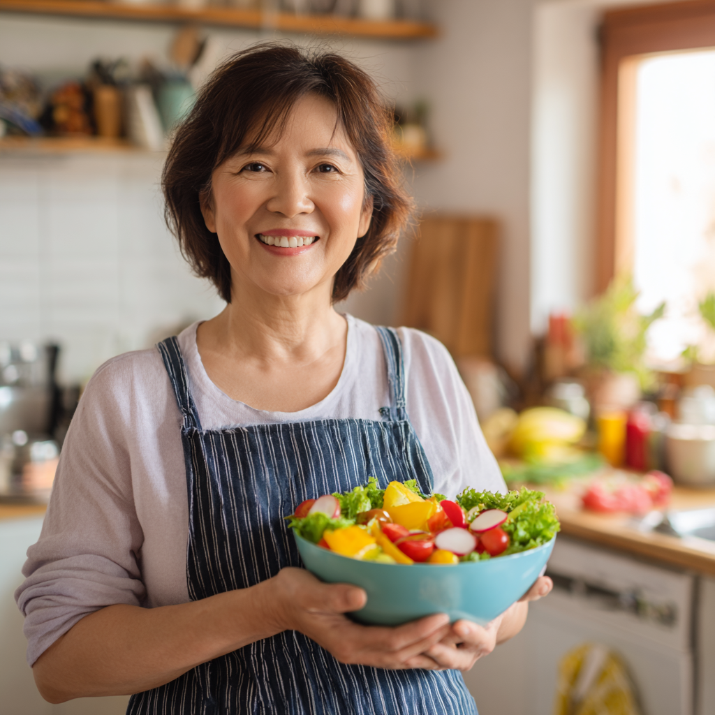 Радостная женщина из Казахстана в возрасте 30 лет держит тарелку со здоровой едой, улыбается и сидит за обеденным столом в светлой кухне