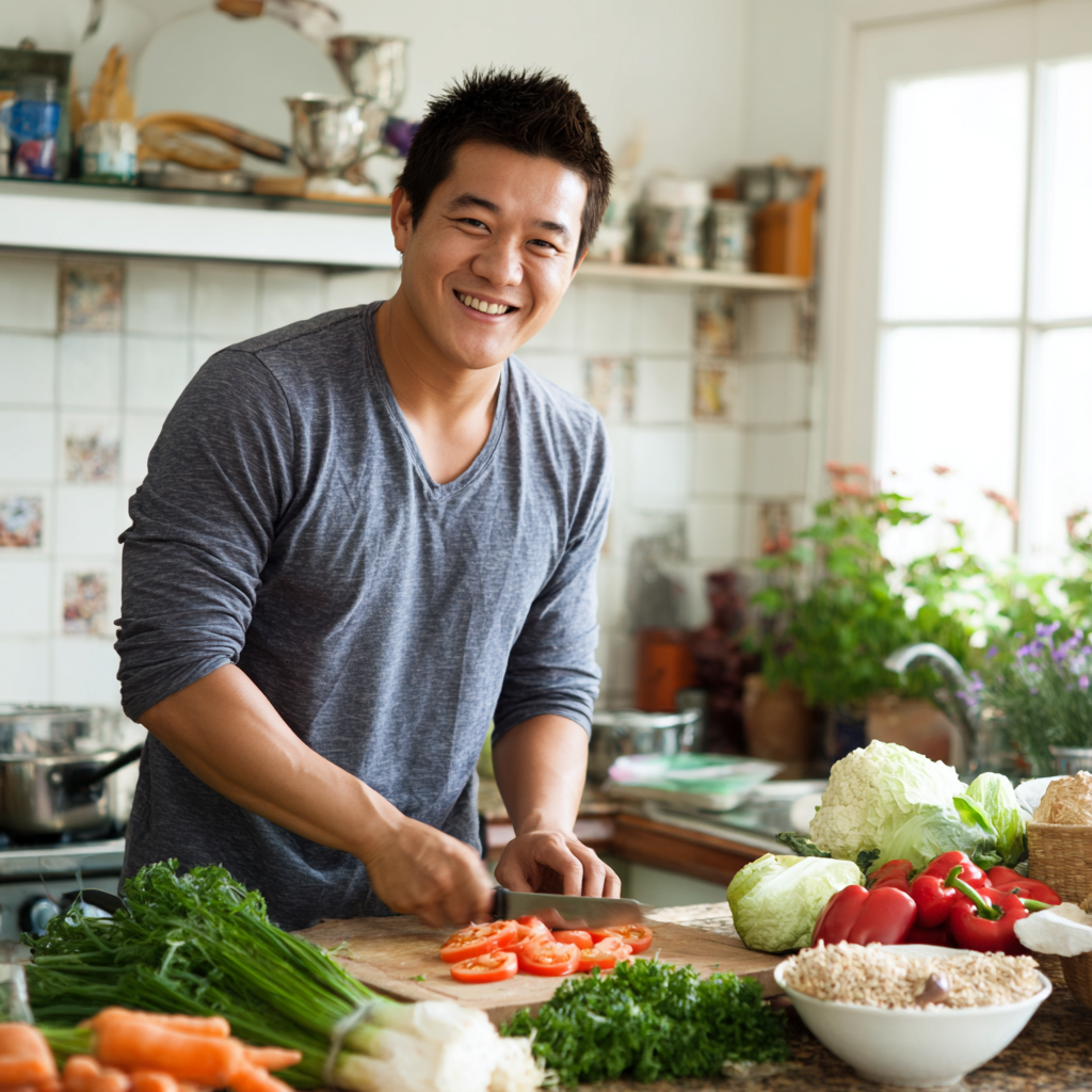 Пожилая женщина казахской национальности 55 лет готовит здоровую еду на кухне, улыбается, одета в фартук, на столе свежие овощи и зелень